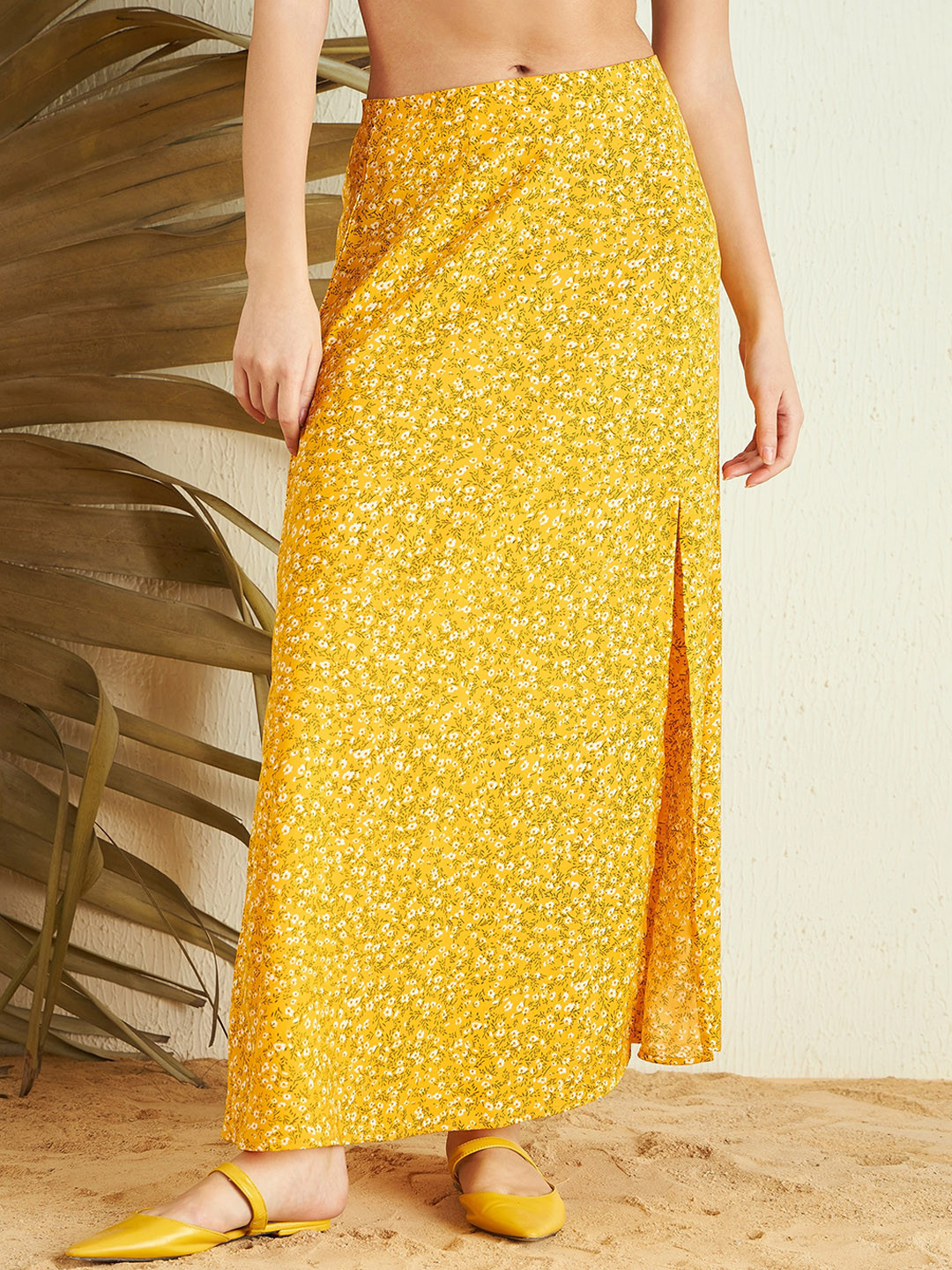 Buy Berrylush Yellow Floral Print High Rise Side Slit A-Line Maxi 