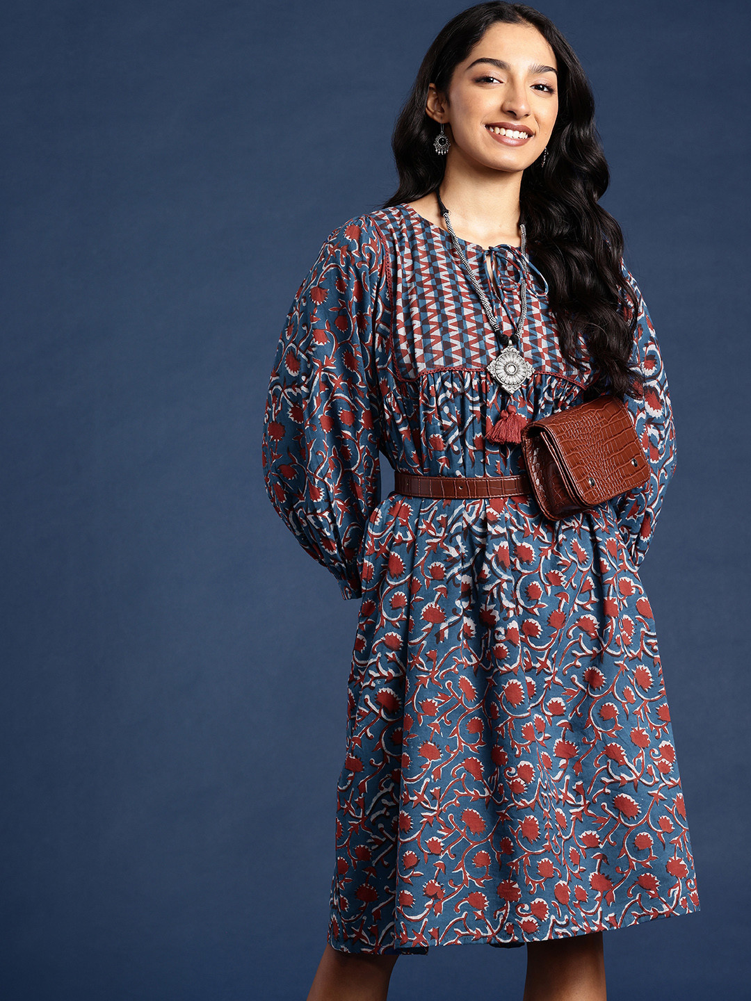 Taavi Indigo Ethnic Motifs Printed Tie-Up Neck A-Line Pure Cotton Ethnic Dresses