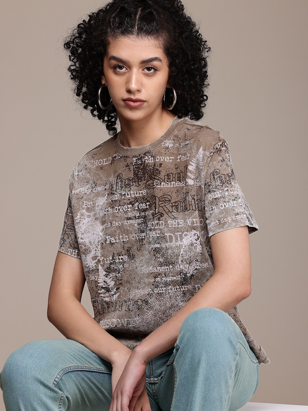 The Roadster Life Co. Printed Drop-Shoulder Sleeves Pure Cotton Washed  Boxy T-shirt