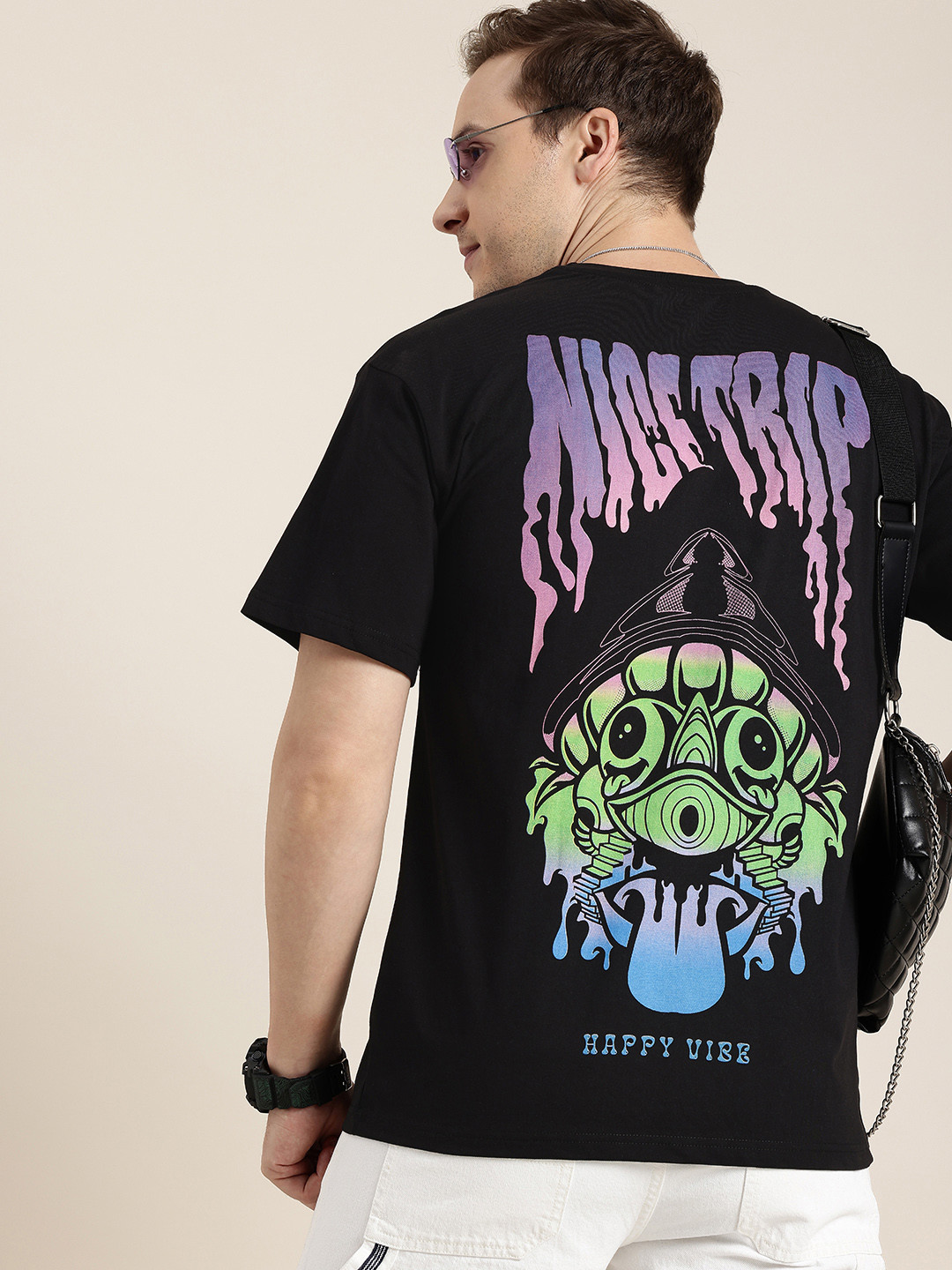HERE&NOW Pure Cotton Graphic Printed Drop-Shoulder Sleeves T-shirt