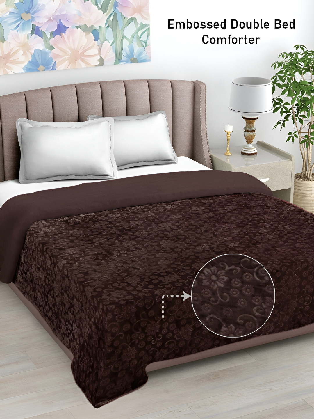 FABINALIV Coffee Brown Floral Embossed Woollen Mild Winter 500 GSM Double Bed Comforter