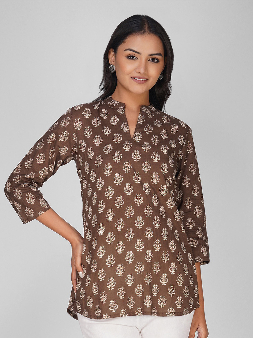 SPARSA Print Mandarin Collar Cotton Top
