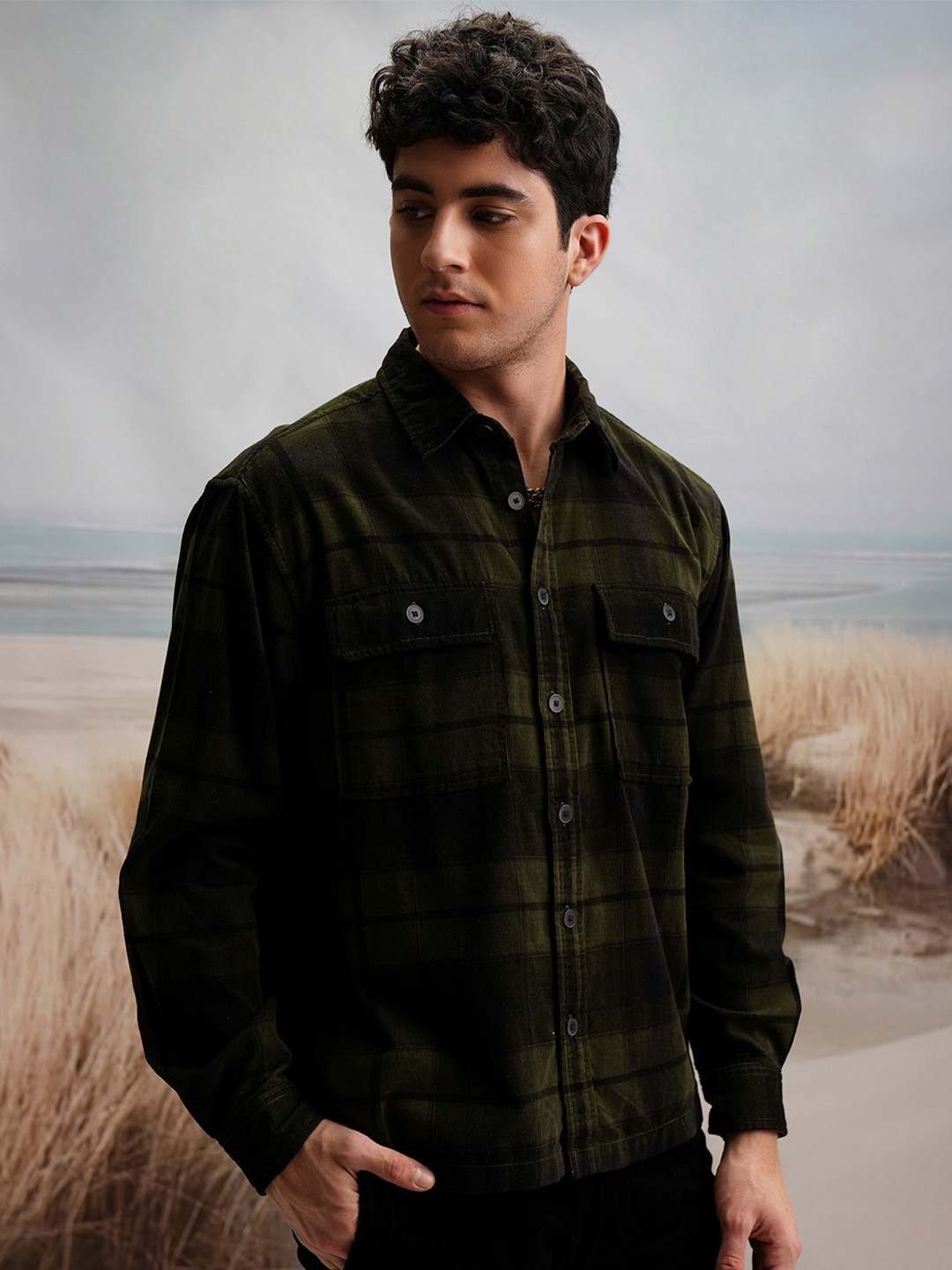 LOCOMOTIVE Oversized Premium Corduroy Checked Utility Pocket Flannel Cotton Overshirt