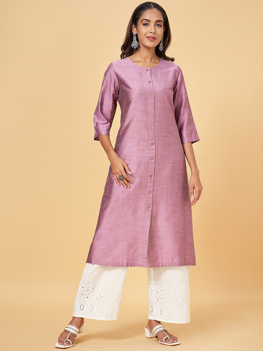 RANGMANCH BY PANTALOONS Checked Woven Design Straight Kurta