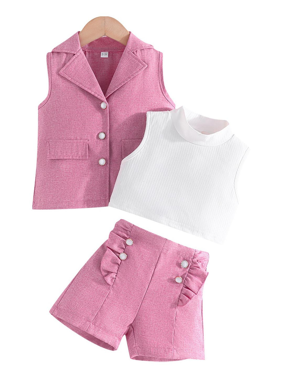 StyleCast Girls Pink & White Ribbed High Neck Top with Shorts & Waistcoat