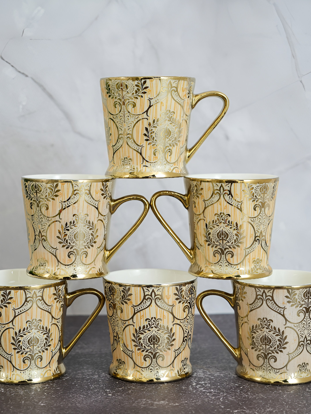Femora The Neel Collection Gold Ethnic Motifs Ceramic Handmade 6 Piece Mugs-180ml