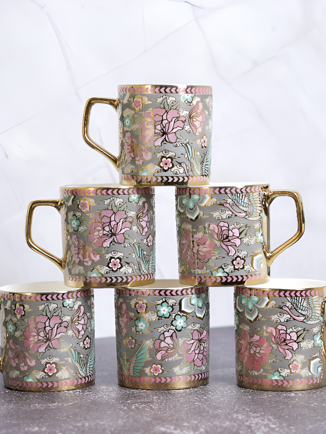 Femora Hubby Pink Floral Ceramic Microwave Safe 6 Piece Mugs-180ml