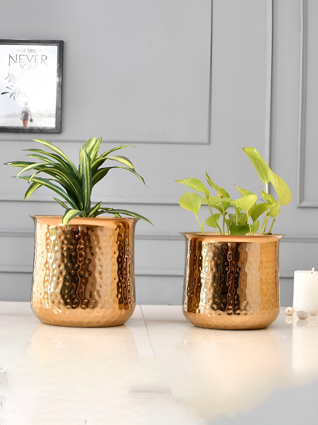 CraftVatika Copper 2 Pieces Cylinder Metal Planter Pots Flower Vase