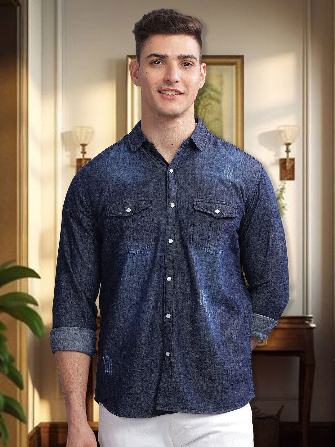 Kuons Avenue Smart Slim Fit Spread Collar Long Sleeves Denim Casual Shirt