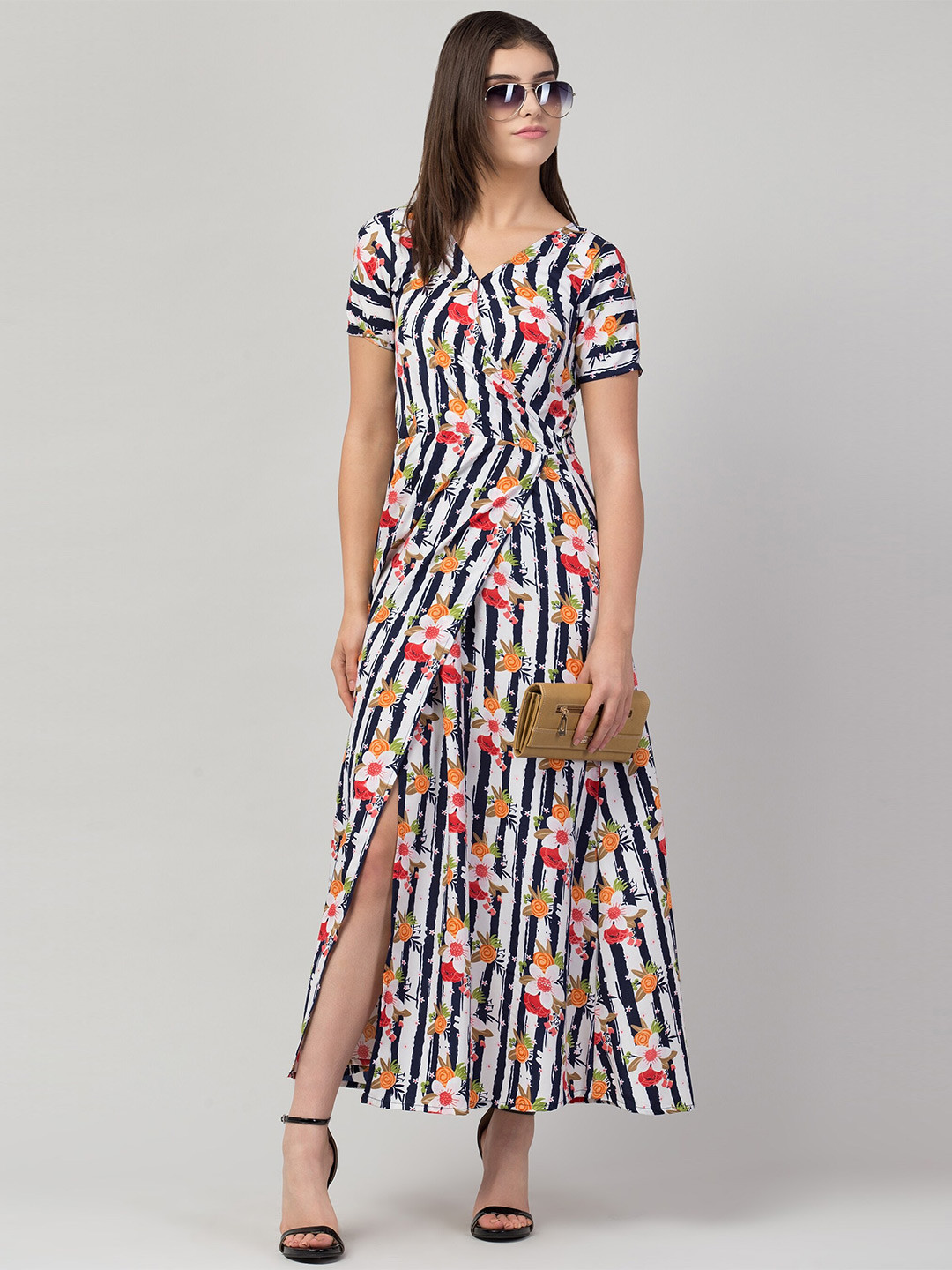 ADDICTED ATTIRE Floral Striped V-Neck Short Sleeves Maxi Slip Dress