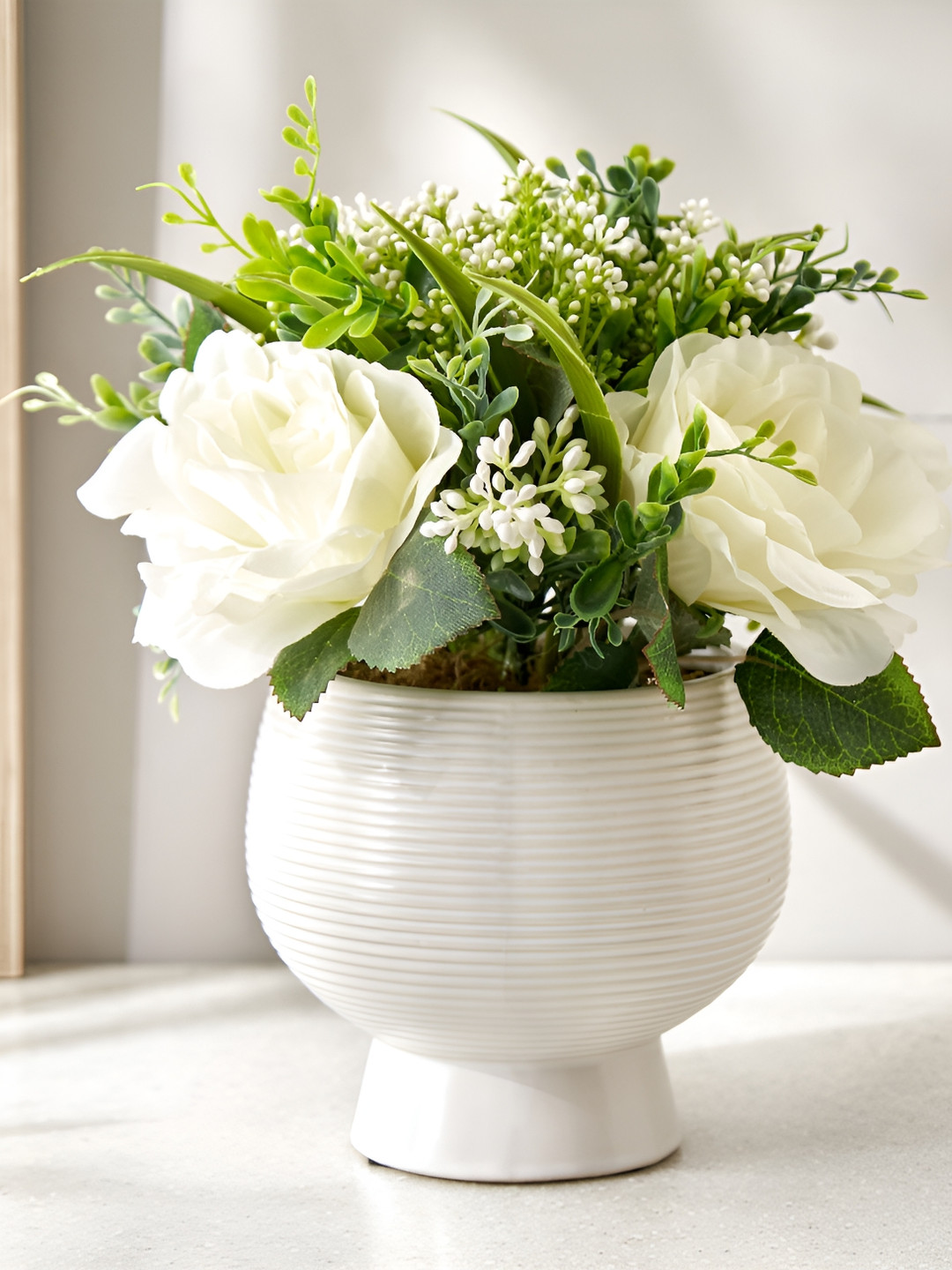 Home Centre Gloria Alyssa White & Green Textured Artificial Flower In Ceramic Pot
