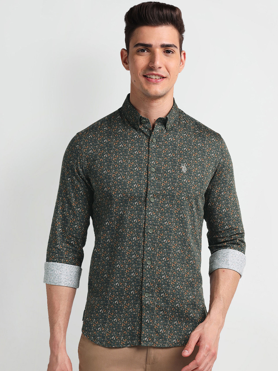 U.S. Polo Assn. Denim Co. Slim Fit Floral Printed Button-Down Collar Opaque  Casual Shirt