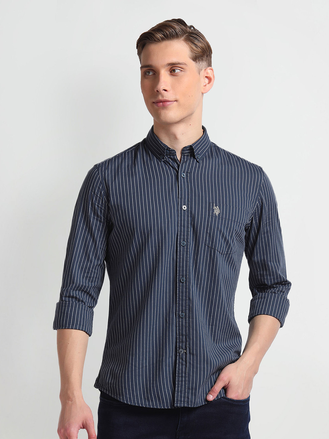 U.S. Polo Assn. Denim Co. Button Down Collar Slim Fit Striped Cotton Casual Shirt