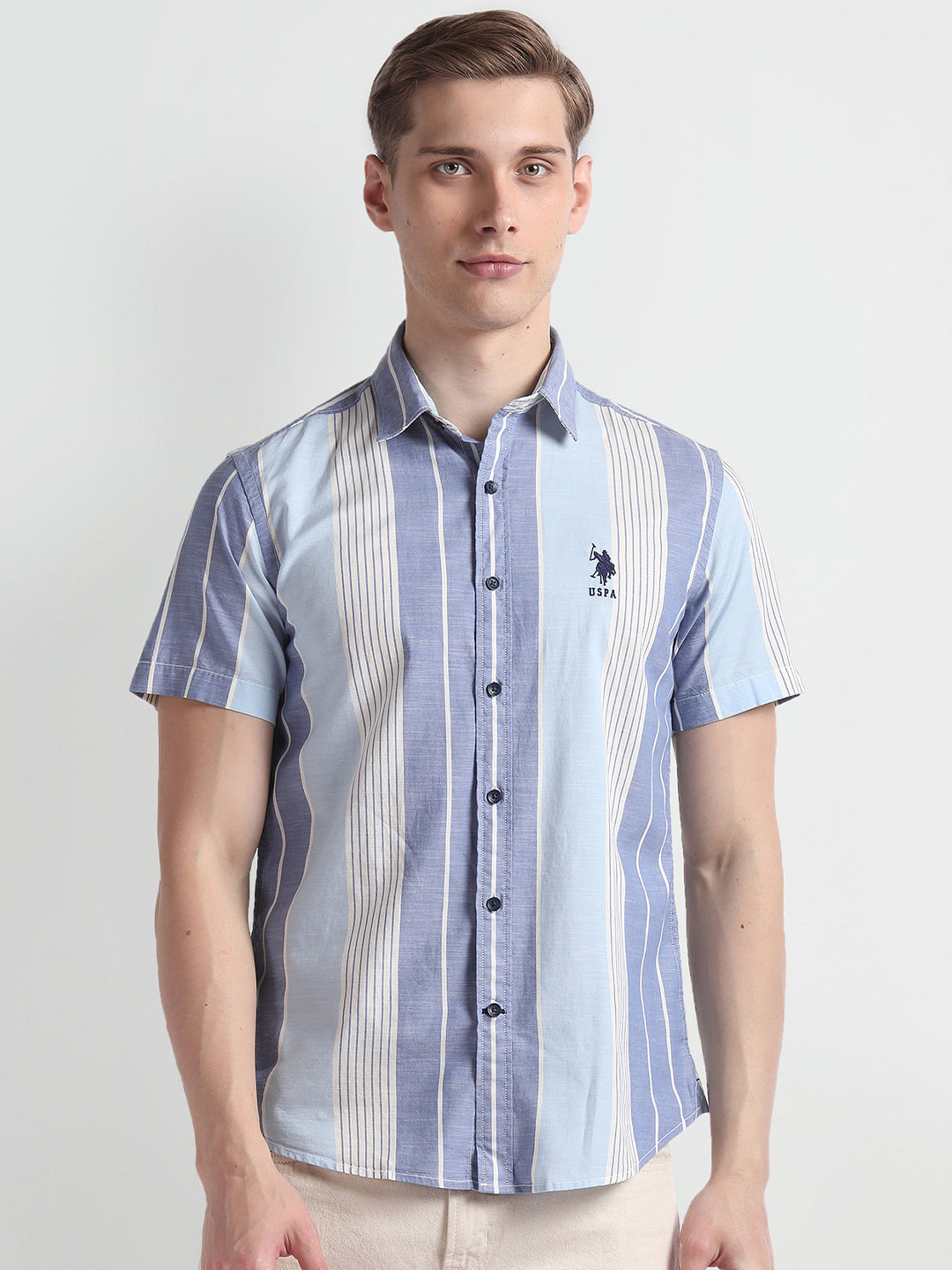 U.S. Polo Assn. Denim Co. Spread Collar Short Sleeves Slim Fit Multi Striped Casual Shirt