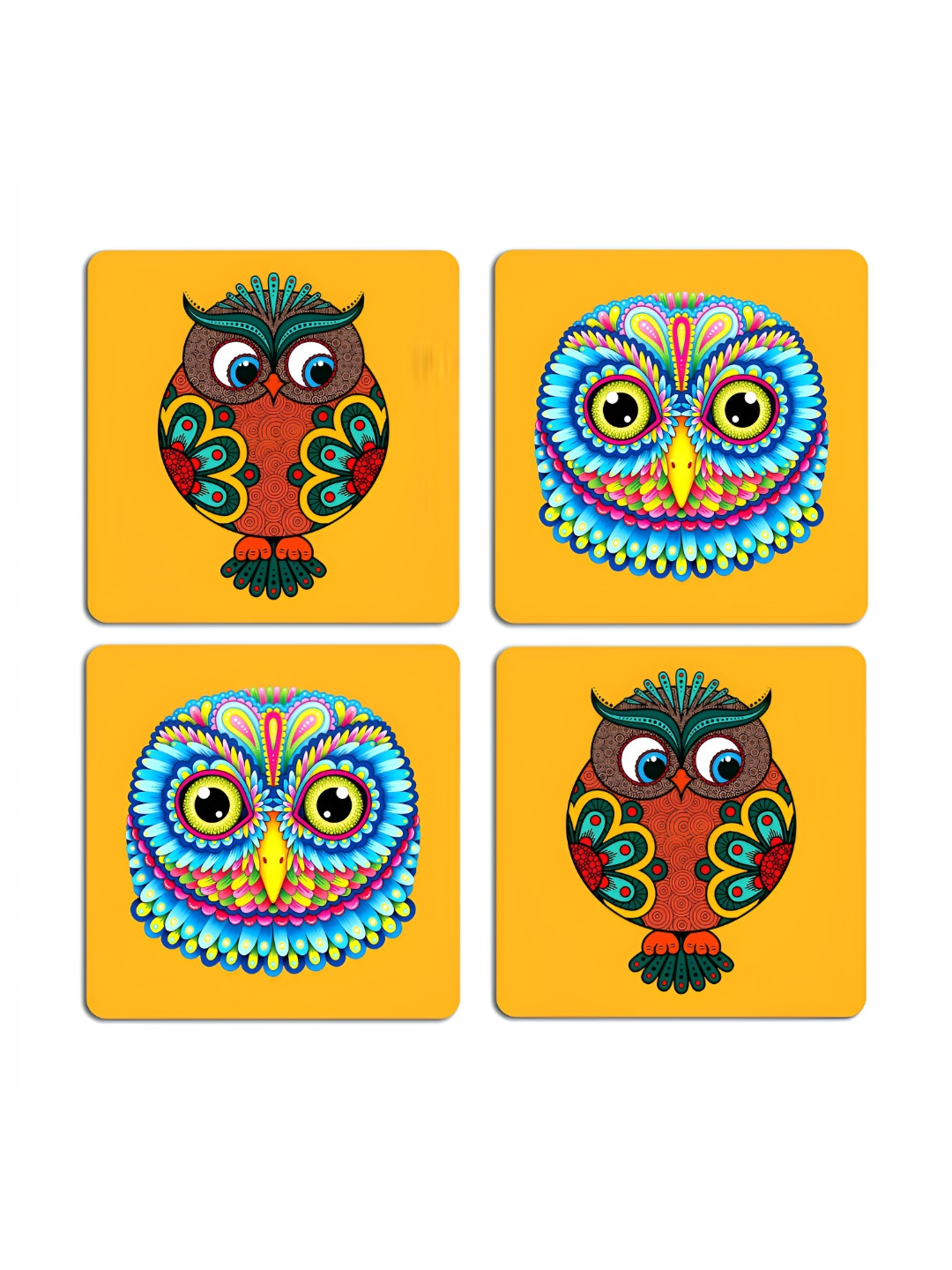 ARTBUG 4 Pcs Yellow & Blue Owl Printed Wooden Coasters