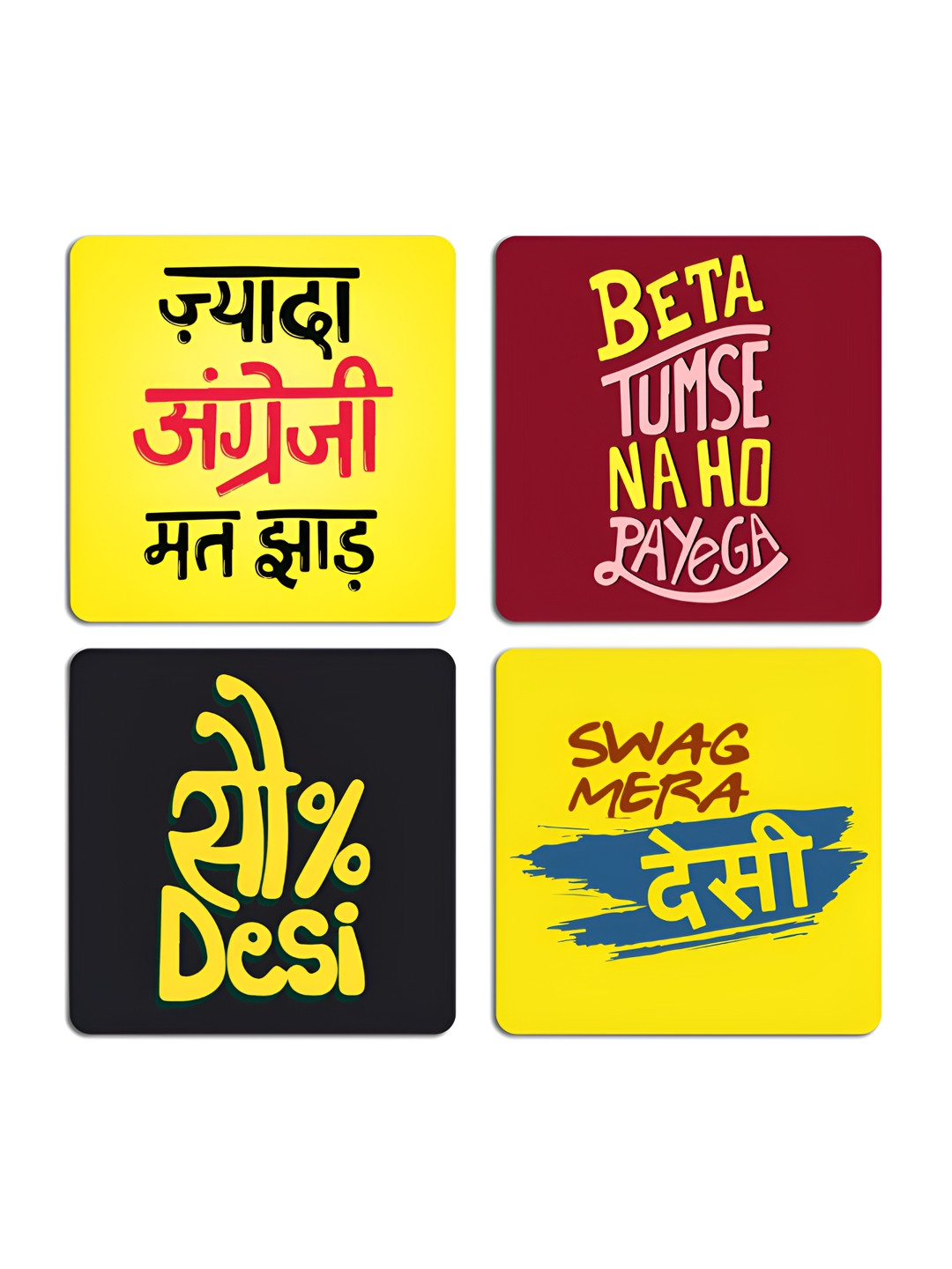 ARTBUG 4 Pcs Yellow Quotes Printed Wooden Coasters