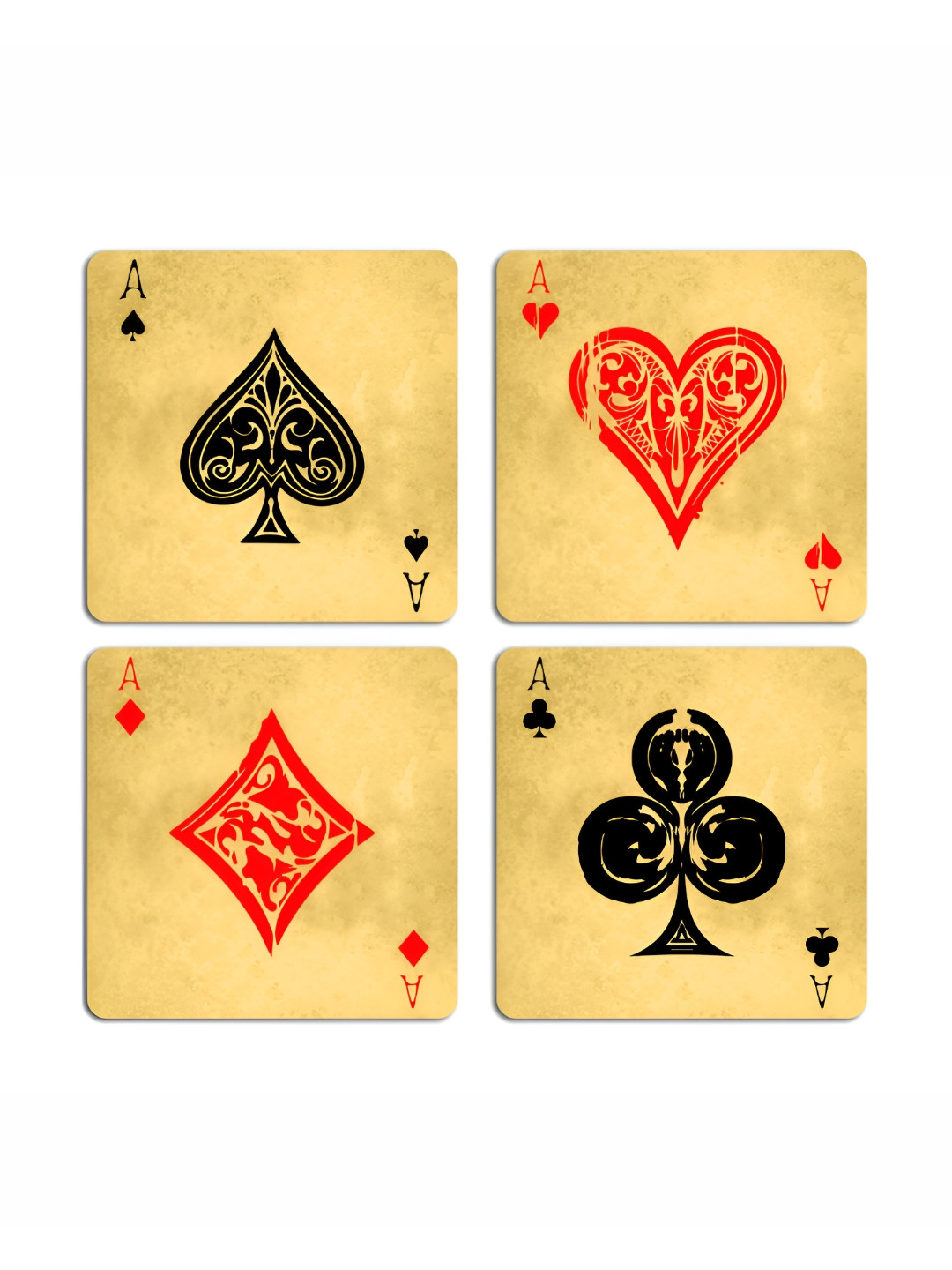 ARTBUG 4 Pcs Cream Colored & Black Cards Printed Wooden Coasters