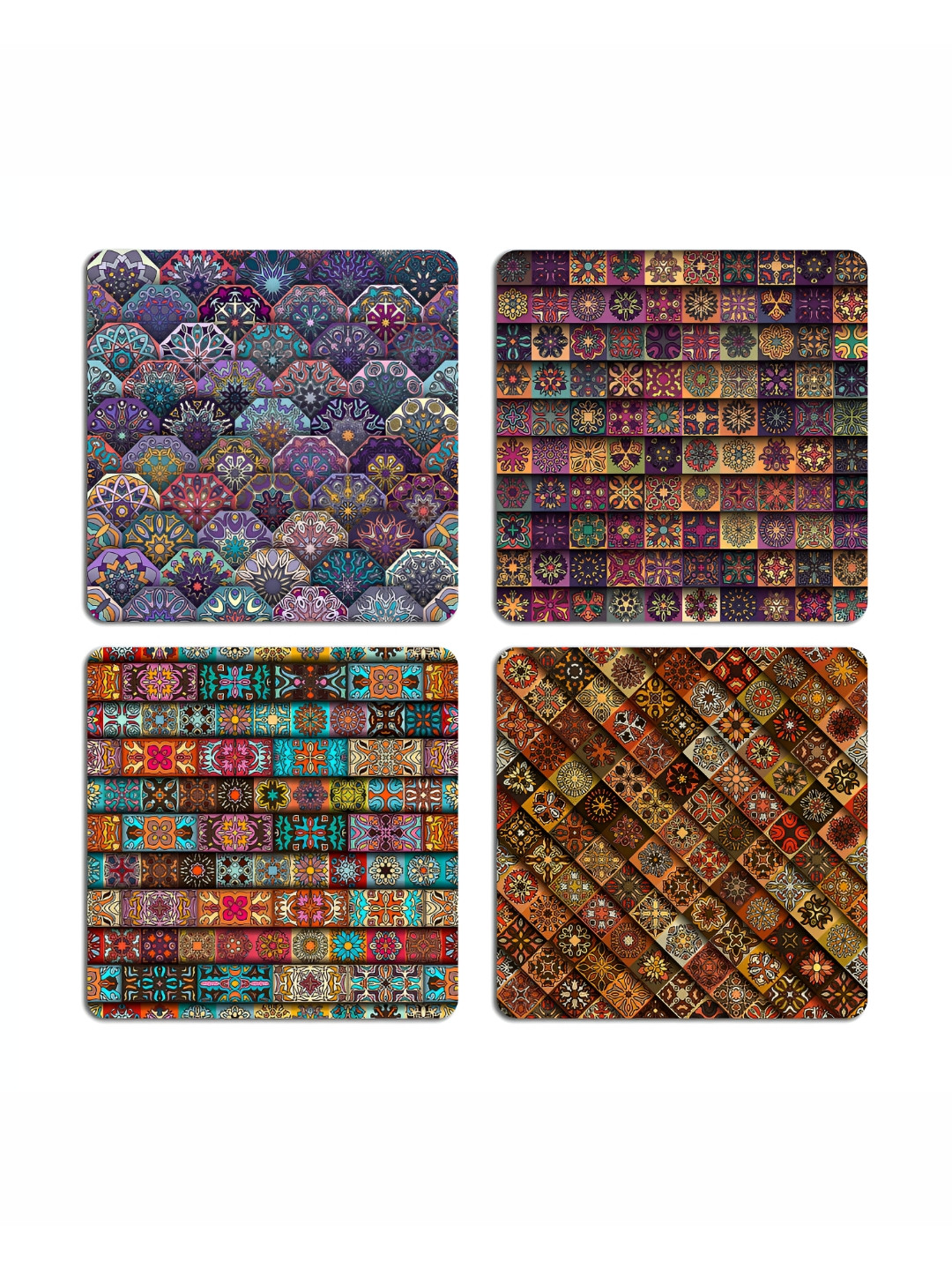 ARTBUG 4 Pcs Purple & Yellow Mandala Printed Wooden Coasters