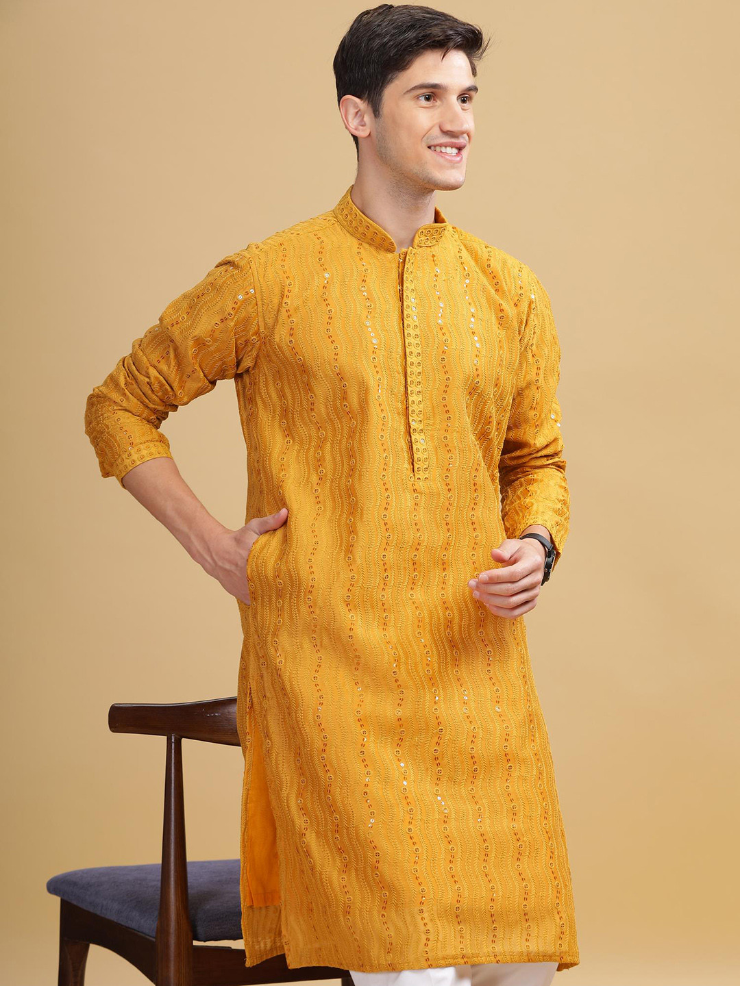 Anouk Yellow Ethnic Embroidered Mandarin Collar Sequinned Lucknowi Cotton Straight Kurta