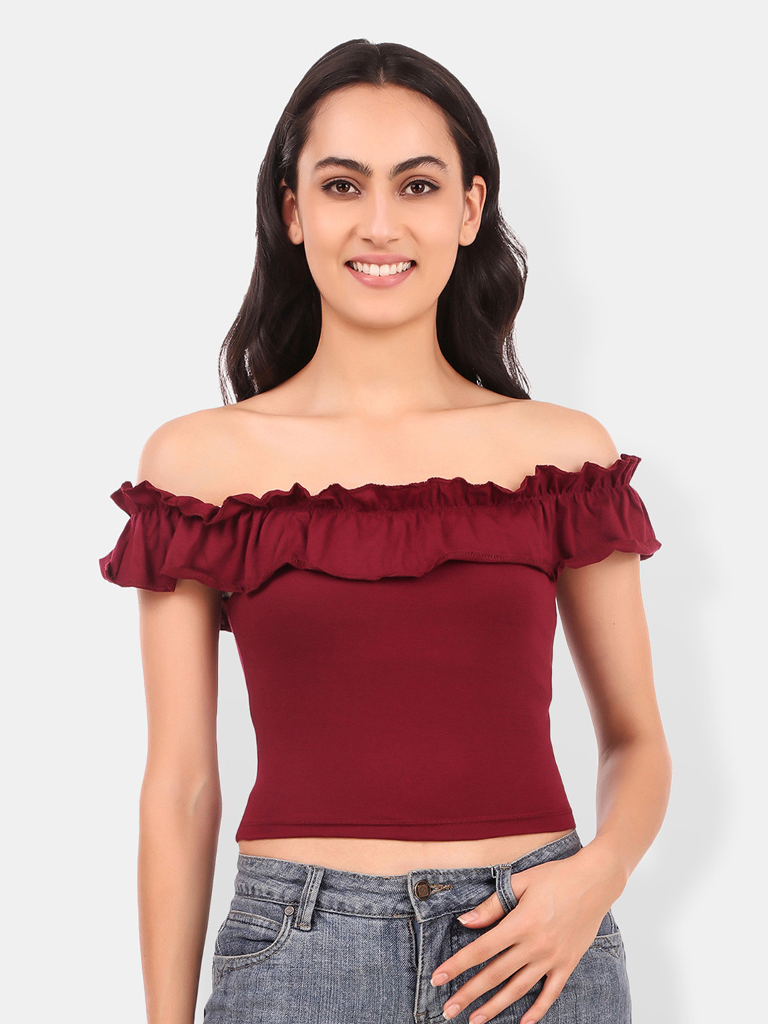 Be You Off-Shoulder Ruffles Cotton Bardot Crop Top