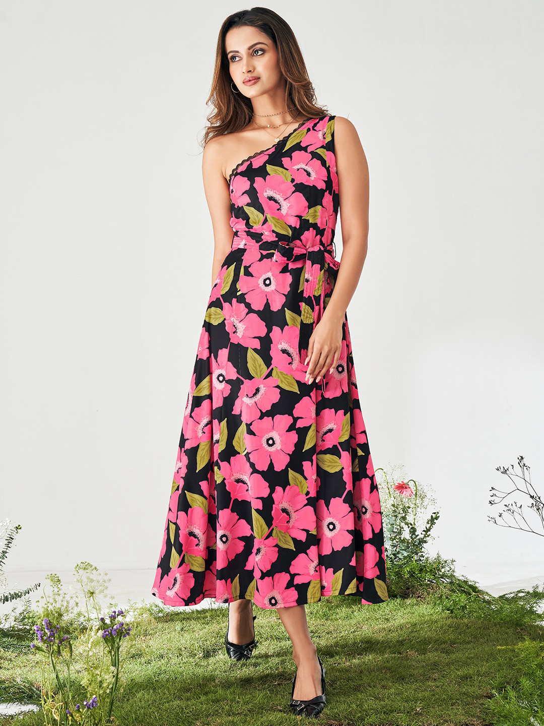 DRESOUL Floral Printed One Shoulder Sleeveless Maxi Midi Dress