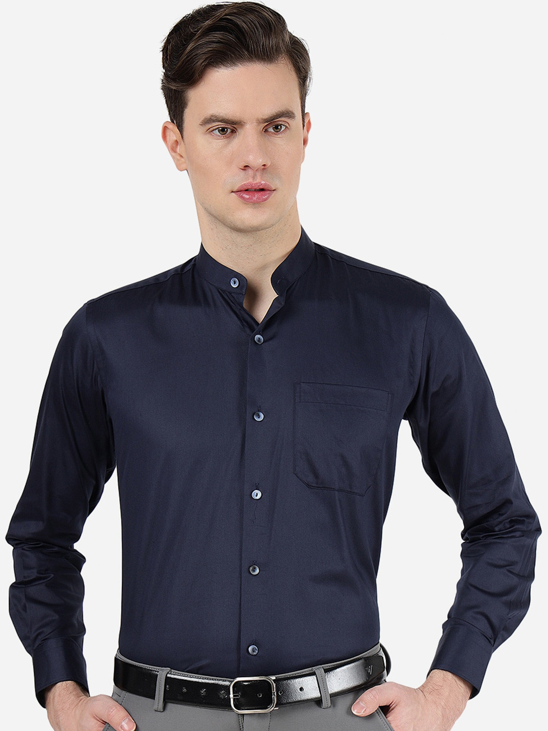 METAL Mandarin Collar Long Sleeves Slim Fit Cotton Casual Shirt