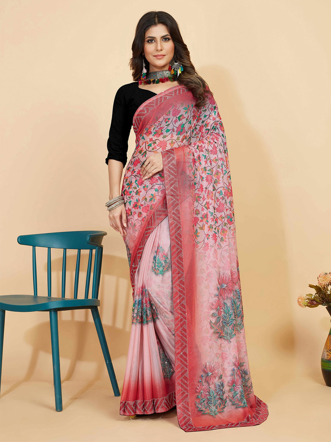 Kasak Floral Printed Beads and Stones Embellished Saree