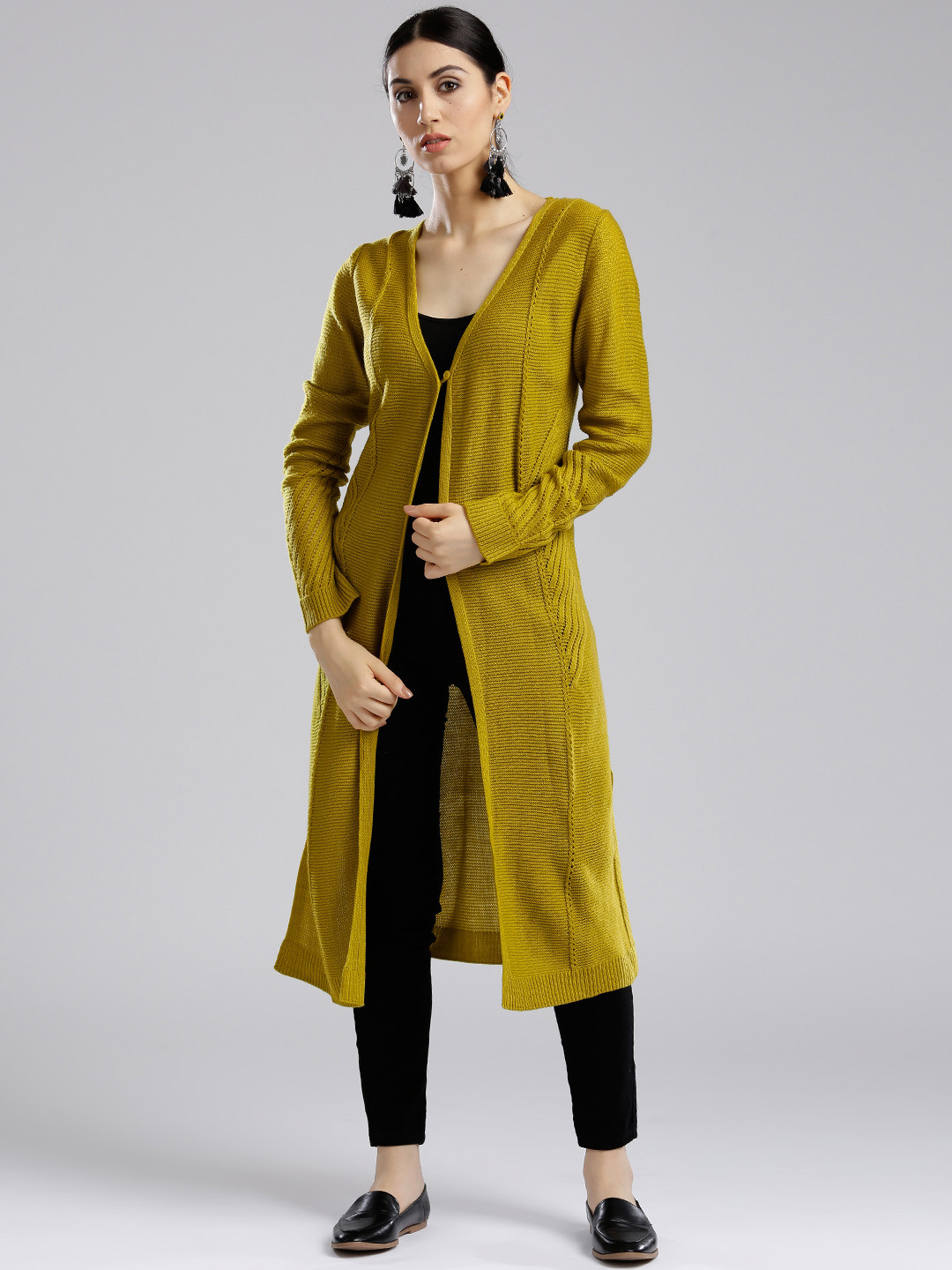 W Green Solid Open Front Longline Shrug