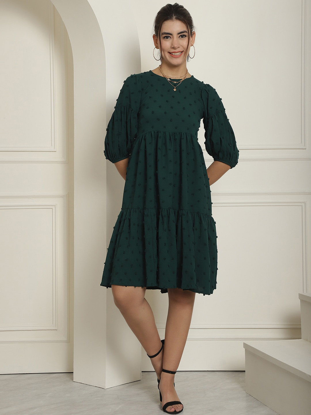 Indian Needle Self Design Puff Sleeve Round Neck Tiered Fit & Flare Dress