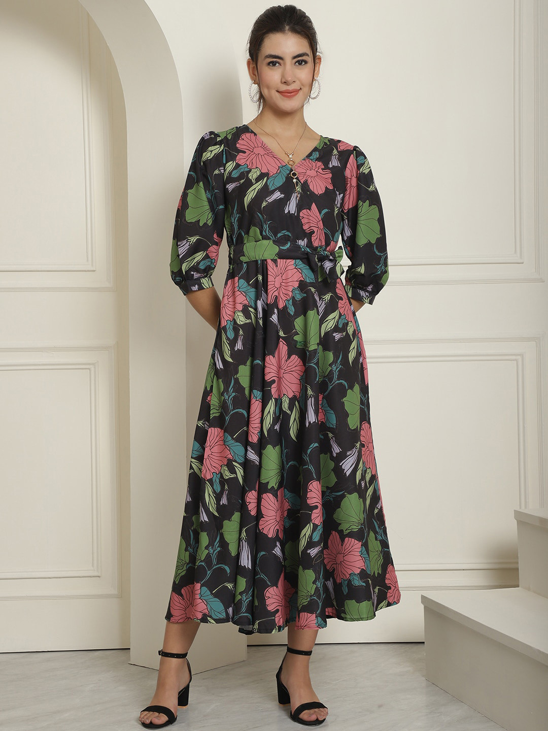 Indian Needle Floral Printed Wrap A-Line Maxi Dress With Belt