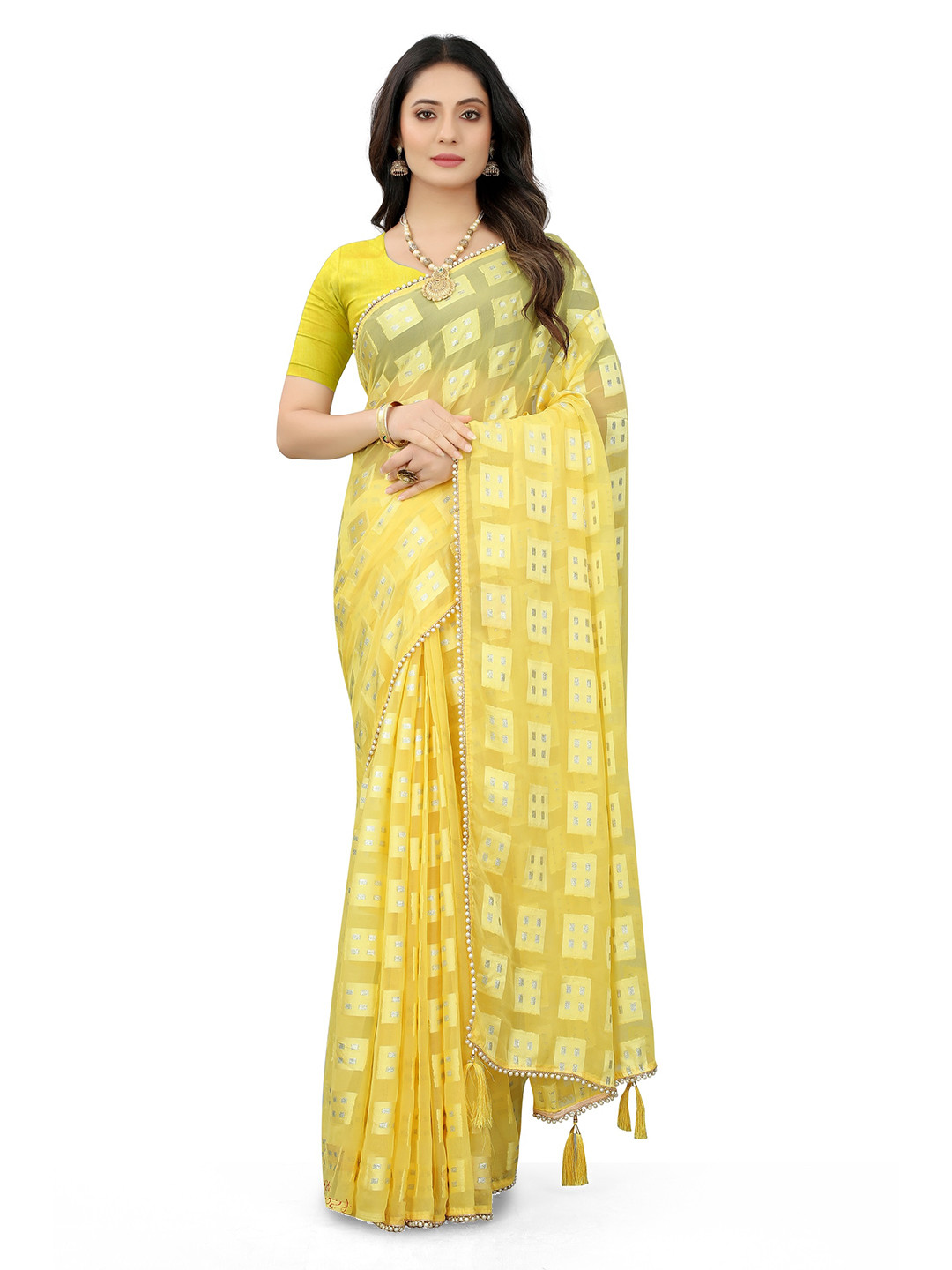 AVIMOZ Geometric Woven Design Mirror Work Saree