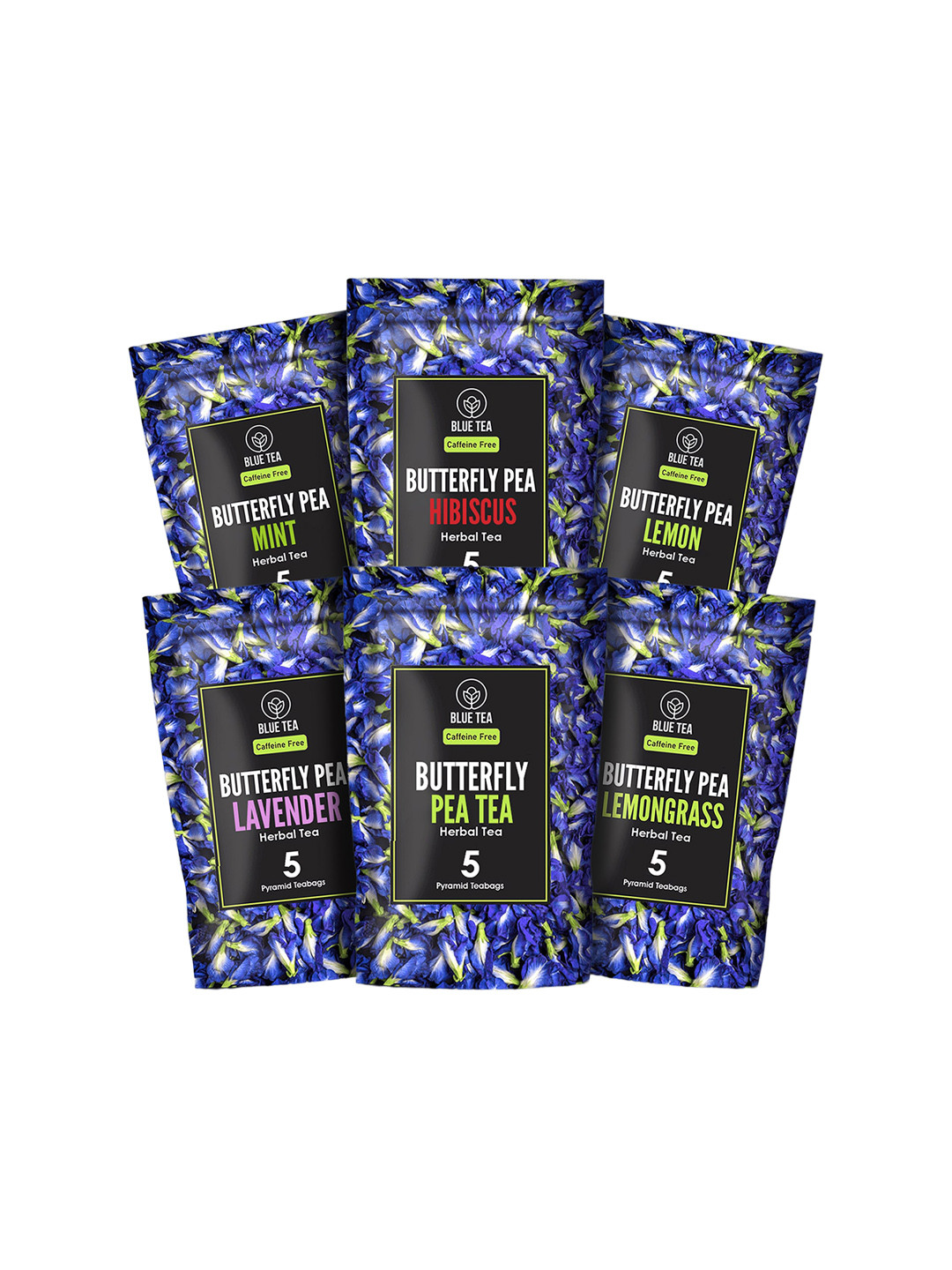 BLUE TEA Pack Of 6 Butterfly Pea Herbal Sampler Tea Pack - 30 Tea Bags Each