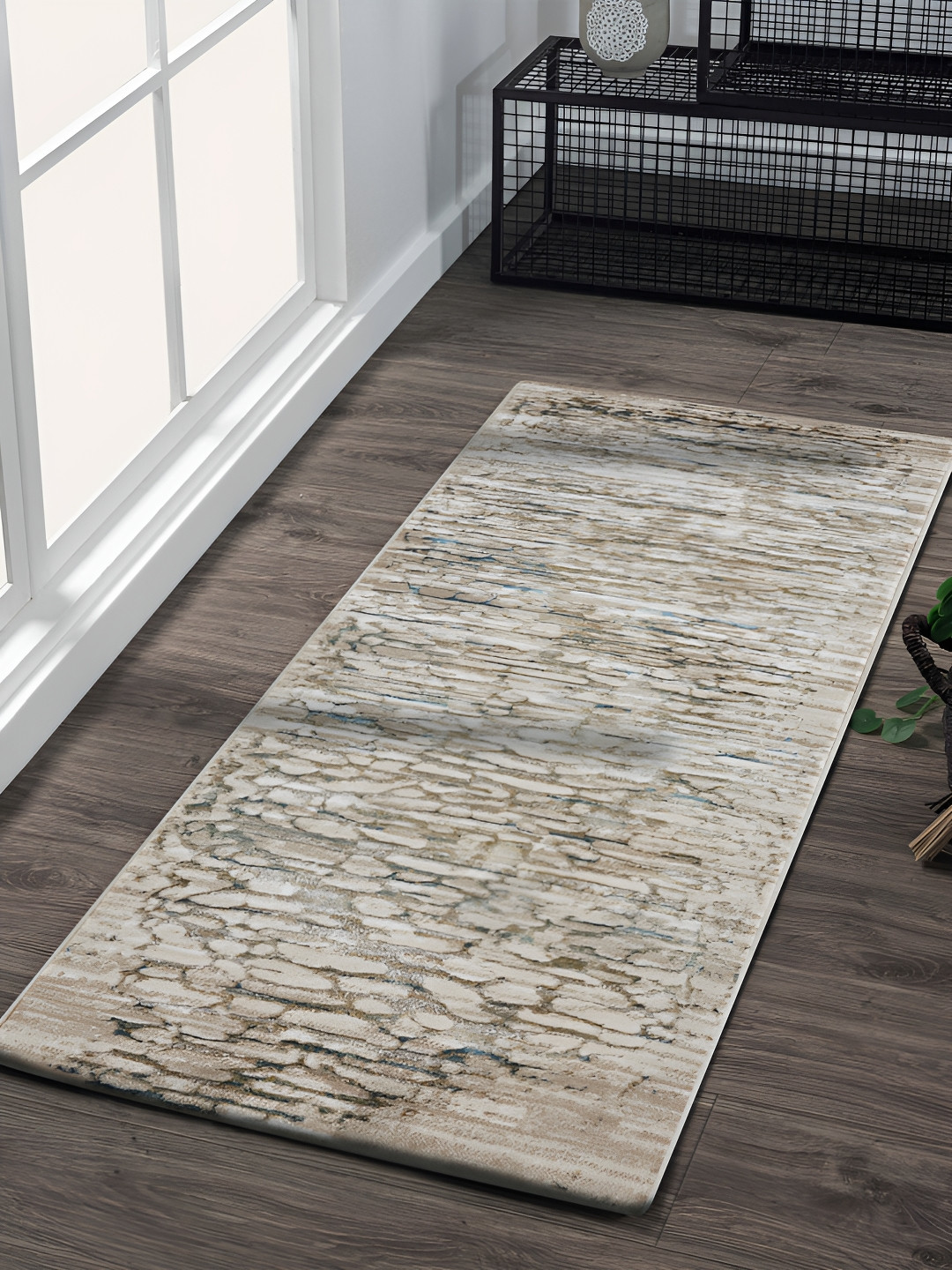 OBSESSIONS Beige & Ceam Coloured Abstract Printed Anti Static Floor Runner