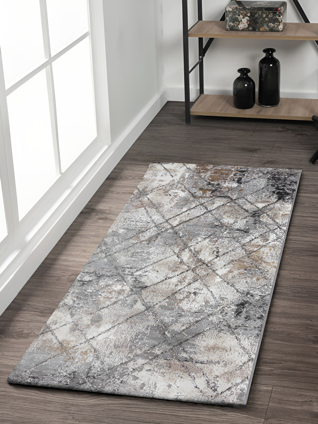OBSESSIONS Grey & Brown Abstract Printed Anti Static Floor Runner