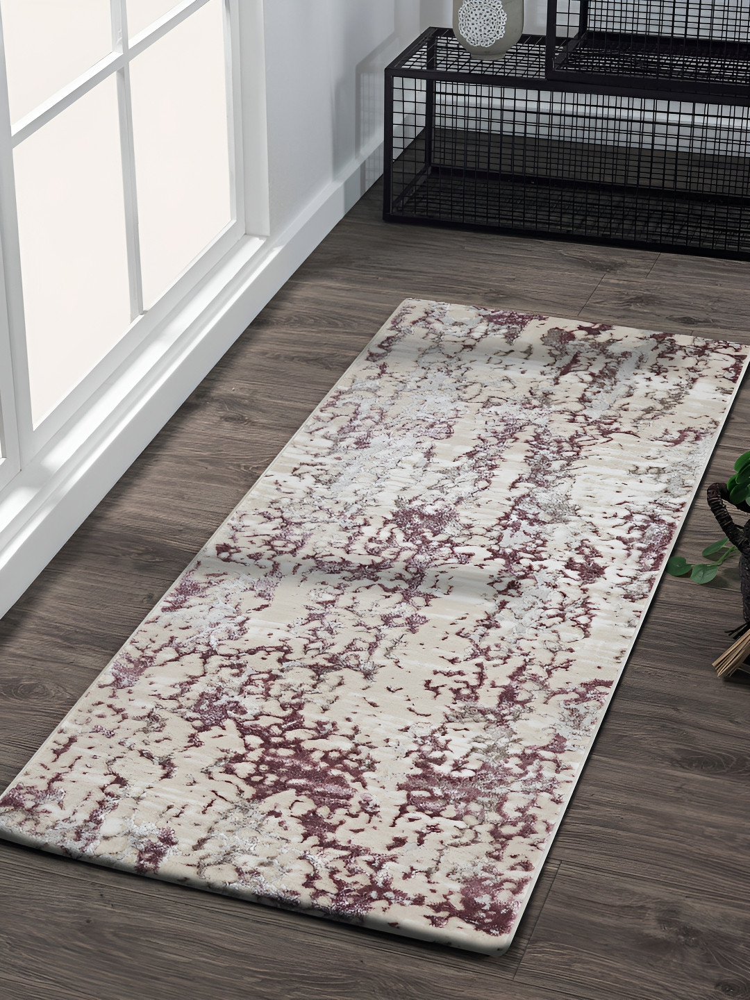OBSESSIONS Cream-Colored & Purple Abstract-Printed Anti-Static Floor Runner