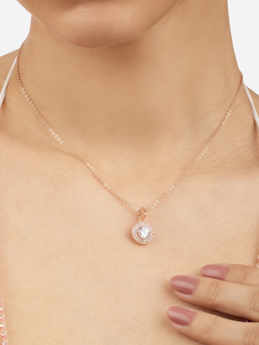 Zaveri Pearls Rose Gold-Plated CZ Stone- Stunted Pendants with Chains