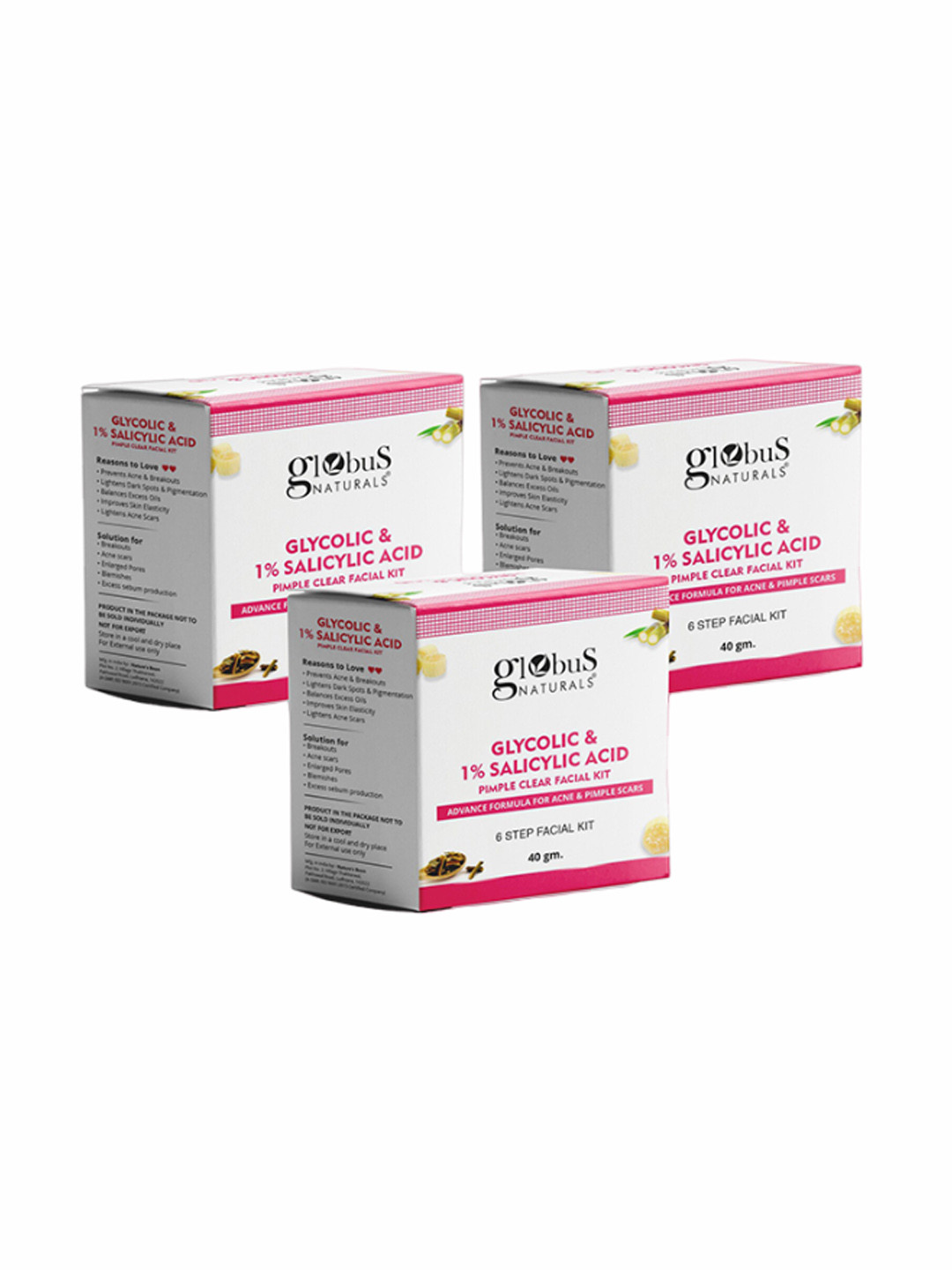 Globus naturals Set Of 3 Glycolic & Salicylic Acid 6 Step Facial Kit For Acne - 40g Each