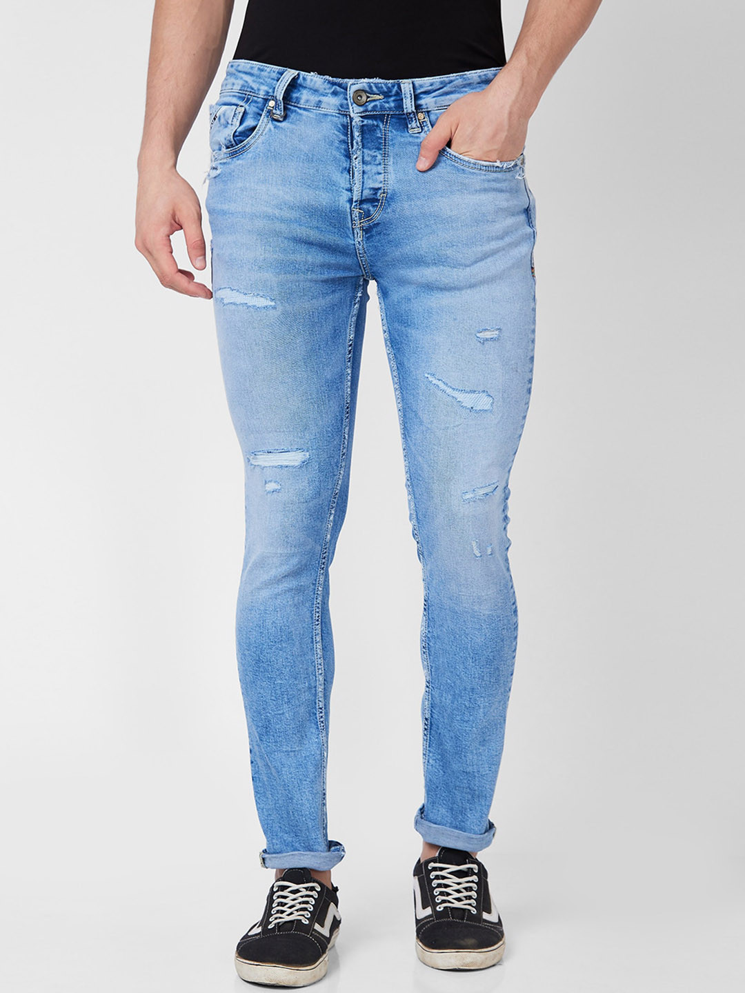 SPYKAR Men Skinny Fit Low-Rise Mildly Distressed Heavy Fade Whiskers Cotton Jeans
