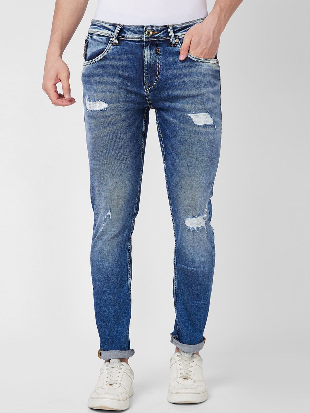 SPYKAR Men Slim Fit Low-Rise Mildly Distressed Light Fade Stretchable Cotton Jeans