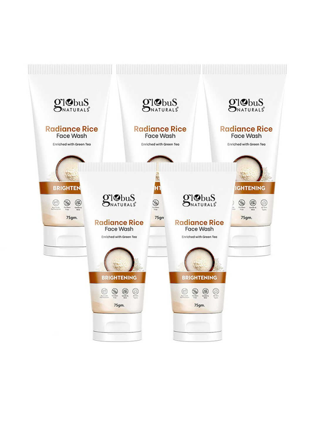 Globus naturals Set of 5 Radiance Rice Brightening Face Wash with Green Tea - 75 g each