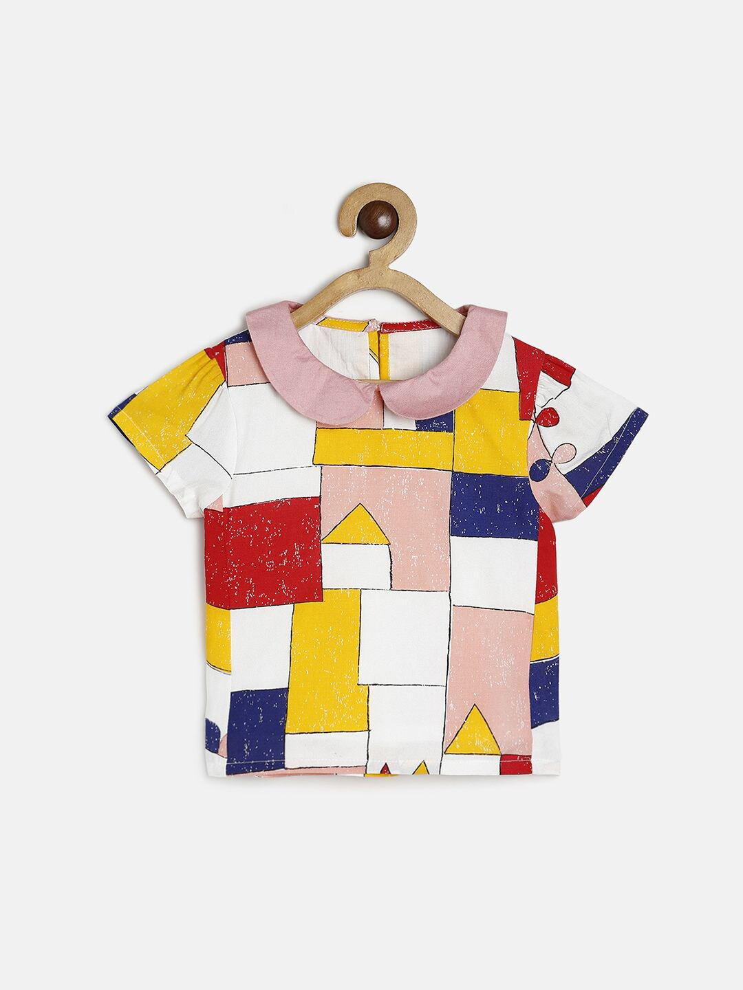 MINI KLUB Girls Peter Pan Collar Short Sleeves Cotton Geometric Print Cotton Top