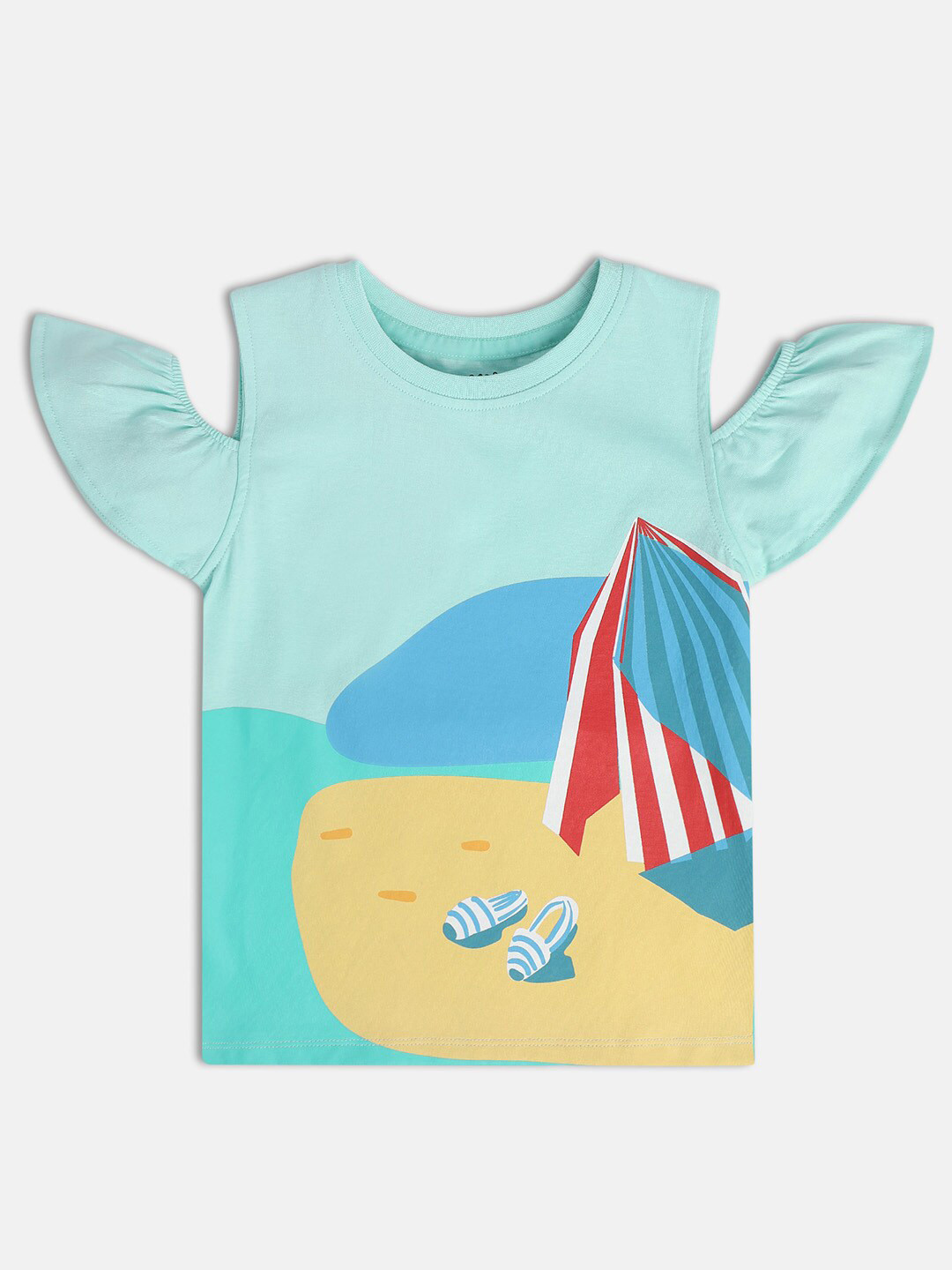 MINI KLUB Girls Graphic Printed Cold-Shoulder Sleeves Pure Cotton Top