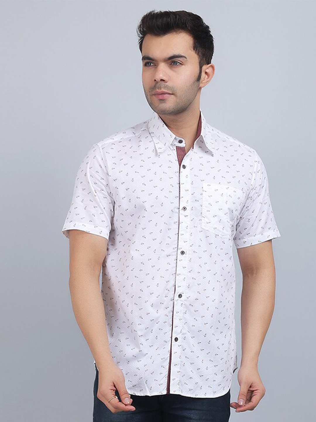 Spring Soul Spread Collar Short Sleeves Floral Printed Cotton Casual Shirt