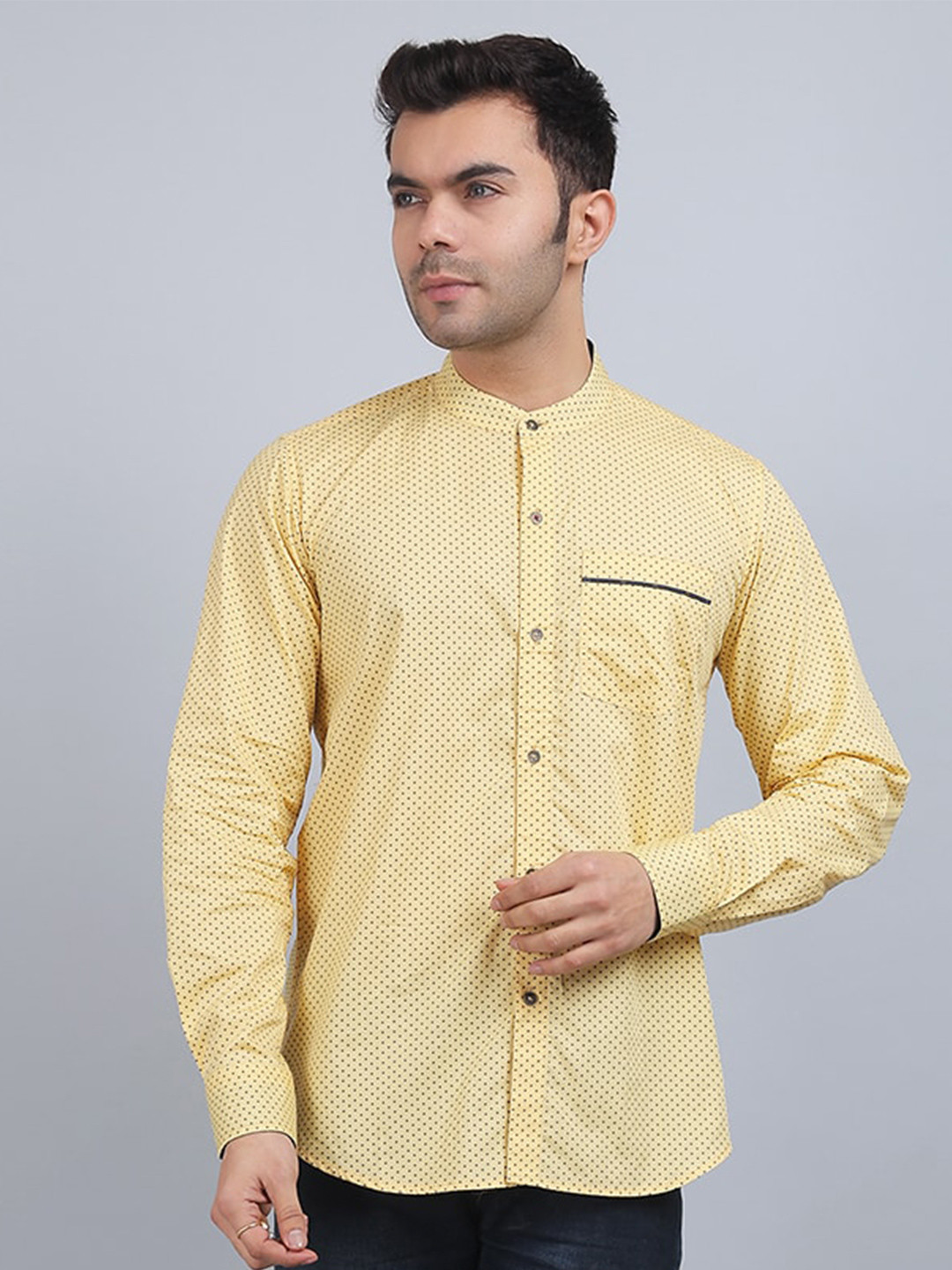 Spring Soul Mandarin Collar Long Sleeves Polka Dots Printed Cotton Casual Shirt