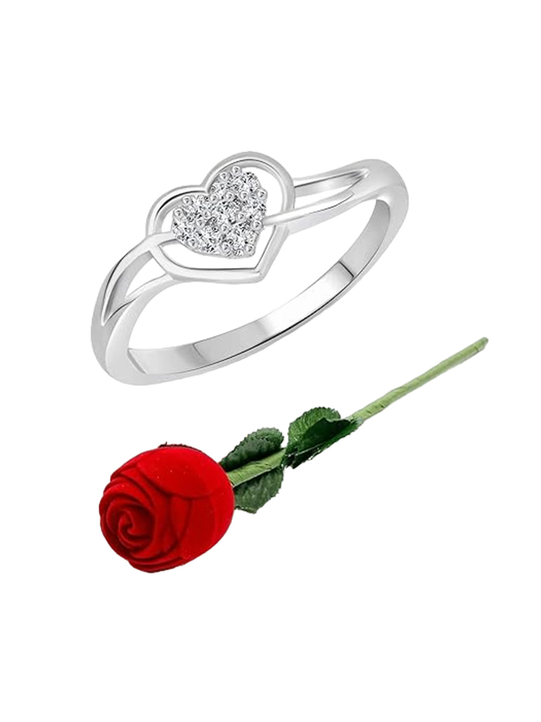 Vighnaharta Set Of 2 Rhodium Plated & CZ Studded Finger Ring & Rose Box