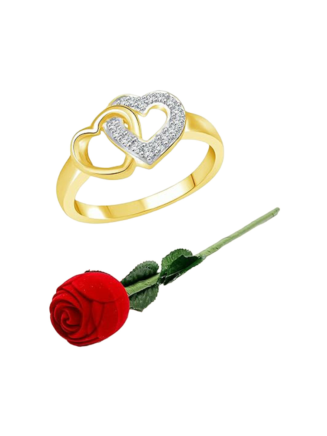 Vighnaharta Gold-Plated Cz-Studded Couple Heart Ring & Rose Box