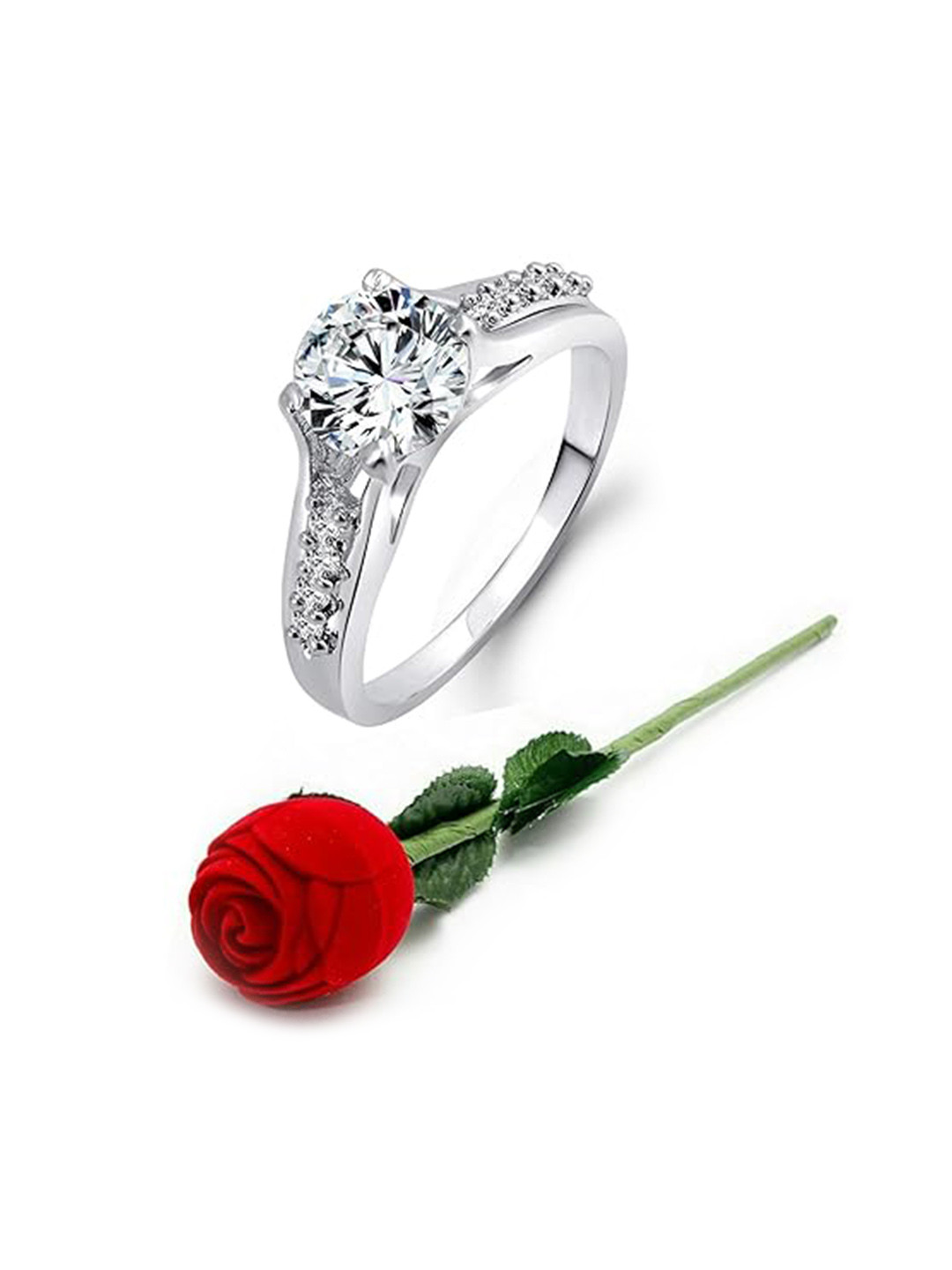 Vighnaharta Set Of 2 Rhodium Plated & CZ Studded Finger Ring & Rose Box