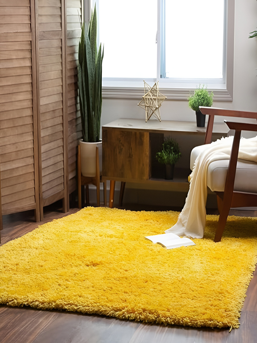 Shopgallery Yellow Textured Anti Skid Rectangle Shaggy Carpet