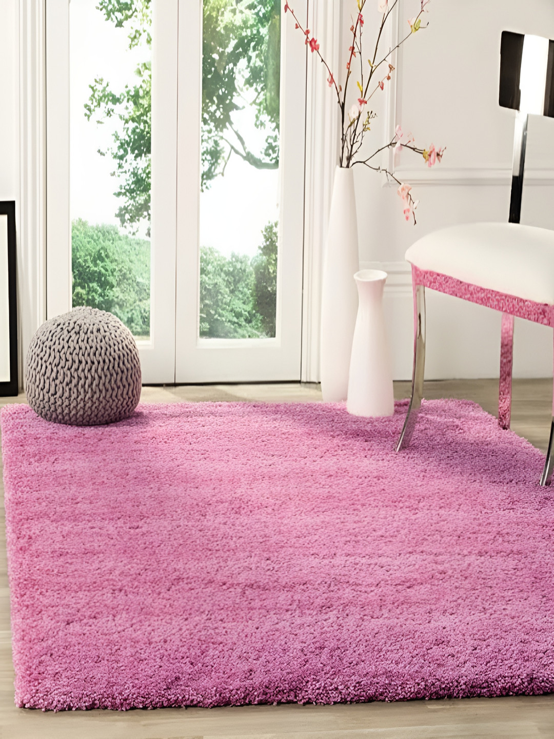 Shopgallery Pink Textured Anti Skid Rectangle Shaggy Carpet