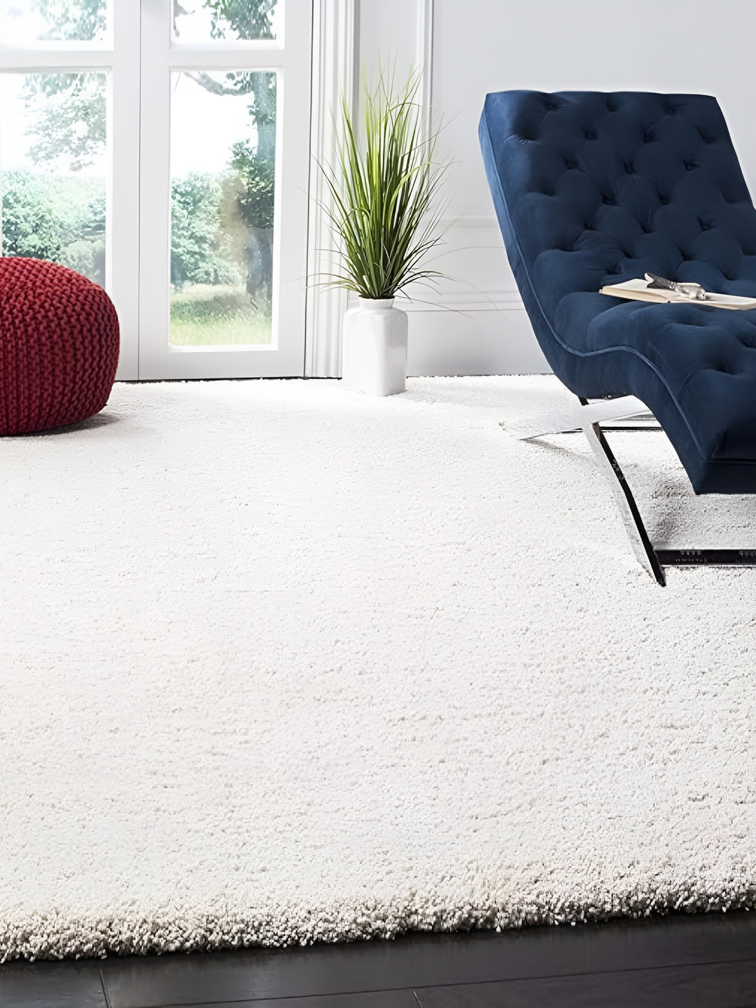 Shopgallery White Textured Anti Skid Rectangle Shaggy Carpet
